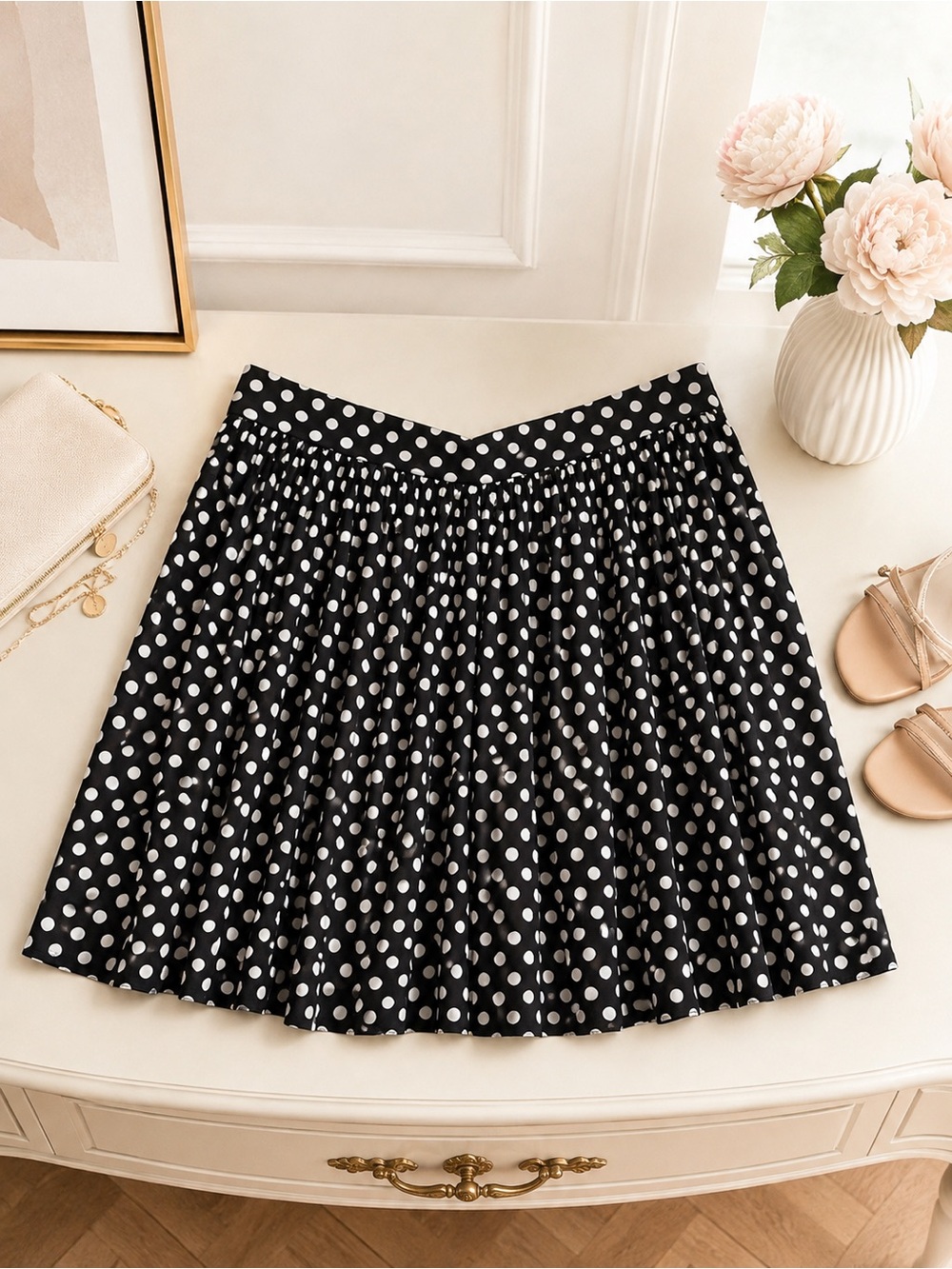 J.Crew Black White Polka Dot Pleated Mini Skirt Size 14 Flowy A-Line